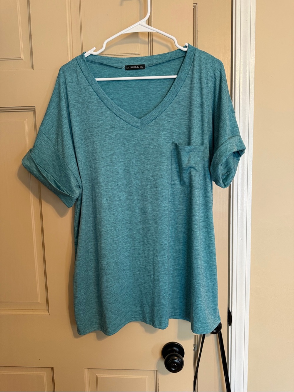 Miholl Teal V-Neck Short Sleeve Pocket Tee